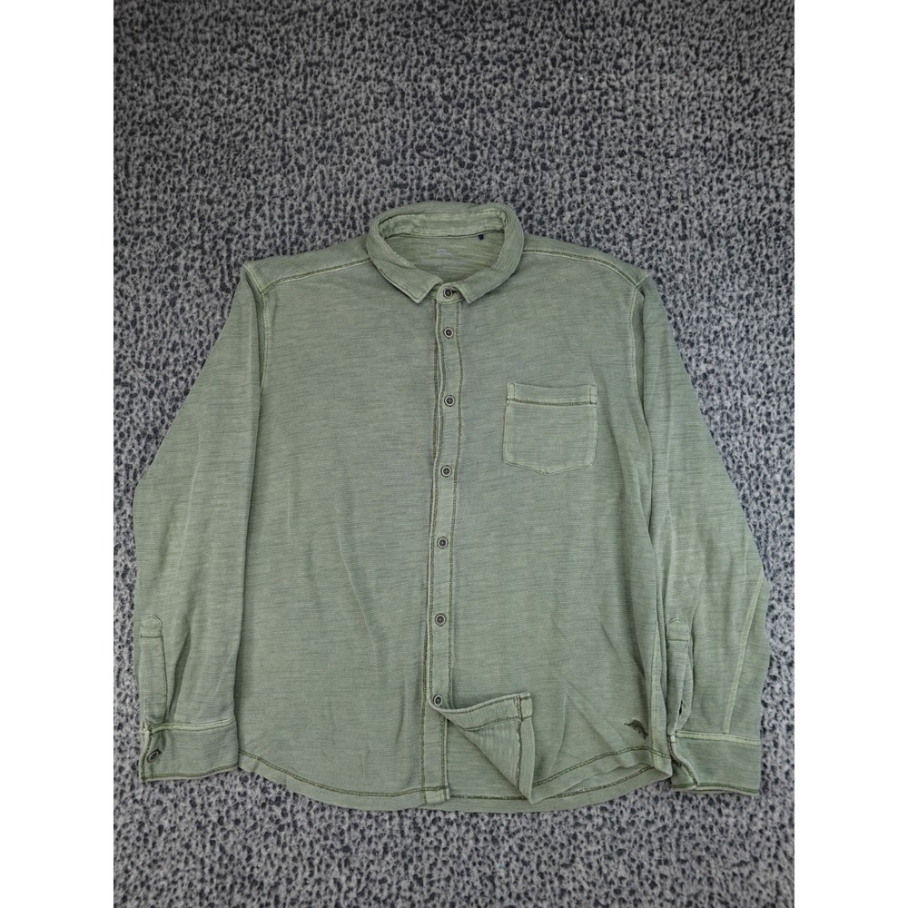 Tommy Bahama Button Down Shirt Mens L Green Long Sleeve Slub Knit Relaxed